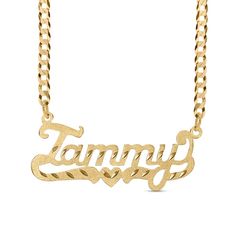 Perfect your everyday look with this personalized name necklace. Sterling silver with 14K gold plate Features your name, three to 10 characters in length, sculpted in a cursive script font A scrolling heart-centered underline completes the design Satin finish with diamond-cut detailing 18.0-inch curb chain necklace; spring-ring clasp Engraved Custom Nameplate Necklace For Anniversary, Custom Name Necklace For Anniversary Gift, Valentine's Day Custom Engraved Nameplate Necklace, Gold Custom Name Necklace For Anniversary, Gold Engraved Name Necklace For Valentine's Day, Custom Name Gold Necklace For Anniversary, Custom Gold Name Necklace For Anniversary, Yellow Gold Name Necklace For Anniversary Gift, Yellow Gold Name Necklace For Anniversary