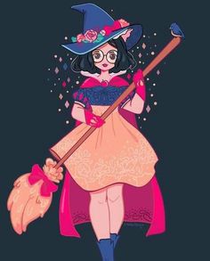 a woman dressed as a witch holding a broom and wearing a pink dress with flowers on it