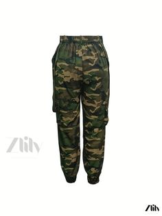 Zlily - Womens Y2K Camouflage Cargo Pants featuring Casual High Waist and Baggy Fit Green Baggy Combat Bottoms, Spring Military Camouflage Pants, Baggy Camouflage Parachute Pants With Pockets, Camouflage Baggy Parachute Pants With Pockets, Camouflage Pants With Side Pockets For Spring, Spring Camouflage Pants With Side Pockets, Outdoor Camouflage Bottoms With Elastic Waistband, Baggy Camouflage Combat Pants, Spring Camouflage Pants With Cargo Pockets