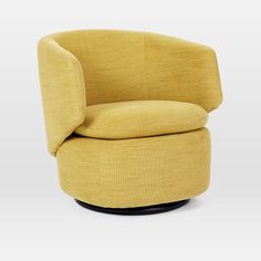 an upholstered chair with a black base and yellow fabric on the back, in front of a white background