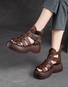 Side Buckle Breathable Platform Strappy Sandals — Obiono Summer Wedge Sandals, Unique Sandals, Leather Oxfords Women, Sandals Design, Summer Sandals Wedge, Daily Shoes, Platform Boots Women, Fall Winter Essentials, Platform Boots Chunky