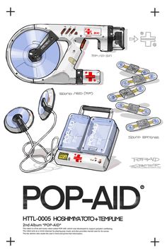 an advertisement for pop - aid with various medical devices and equipment in it, including headphones