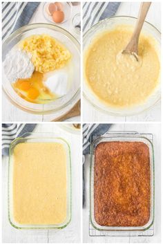 four pictures showing the steps to make an egg cake in a glass dish with a wooden spoon