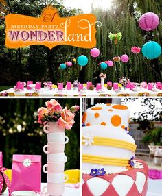 a collage of photos with balloons, cake and other items for a birthday party