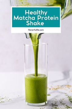 a green smoothie being poured into a blender with the words healthy matcha protein shake