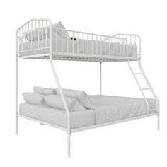 a white bunk bed with two sets of pillows on the bottom and one mattress underneath