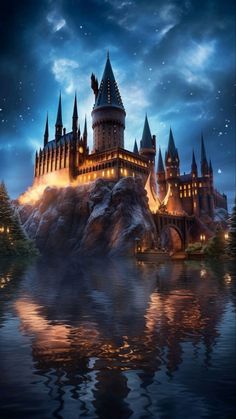 hog potter's castle is lit up at night on top of a rock in the water