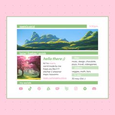 a pink and green web page with pictures on it