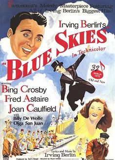 a movie poster for the film blue skies with two men in black suits and one woman in yellow