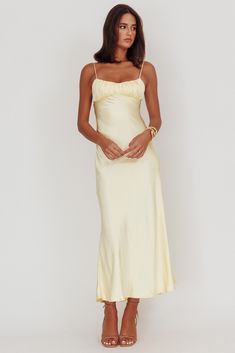 Shop the Nerida Twist Back Satin Maxi Dress Lemon | Selfie Leslie