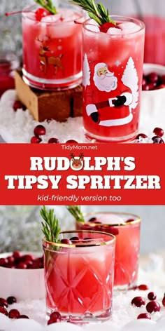 rudolph's tipsy spritzer with cranberry and rosemary garnish