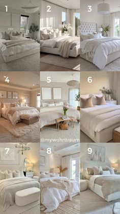 a collage of photos showing different types of bedding and pillows in various rooms