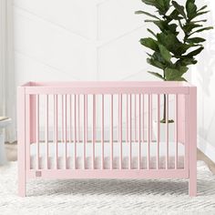 a pink crib next to a potted plant