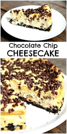 chocolate chip cheesecake on a white plate