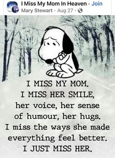 a cartoon character with the caption i miss my mom, i miss her smile, her voice, her sense of humor, her hugs