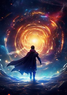 a man standing in front of a vortex with his cape open and looking into the distance