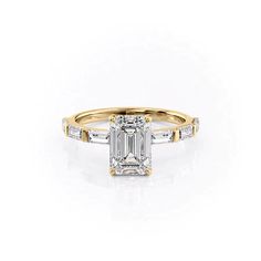 The Hailey YG EM Emerald Cut Engagement Ring Set, Colored Engagement Rings, Yellow Gold Engagement Ring, Lab Diamond Engagement Ring, Emerald Engagement Ring Cut, Engagement Rings Round, Yellow Gold Engagement Rings, Yellow Gold Engagement, Hidden Halo