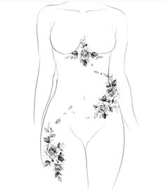 a drawing of a woman's body with flowers on her chest and the back