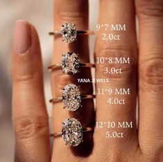 three caramel colored diamond rings with measurements