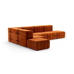 three orange couches sitting next to each other on top of a white flooring