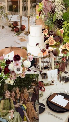 the table is decorated with flowers, candles and wine glasses for an elegant wedding reception