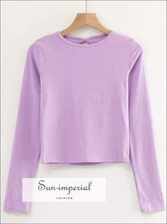 Women Black Cutout back Long Sleeved Cropped top T-shirt Basic style Purple Stretch Crew Neck Top, Purple Long Sleeve Trendy Tops, Trendy Long Sleeve Purple Top, Trendy Purple Long Sleeve Tops, Lavender Long Sleeve Casual Top, Casual Lavender Long Sleeve Top, Purple Stretch Top For Spring, Spring Stretch Purple Top, Lavender Crew Neck Basic Top