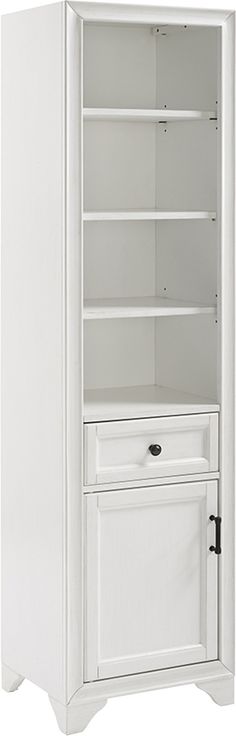 a white bookcase with two drawers and one door open