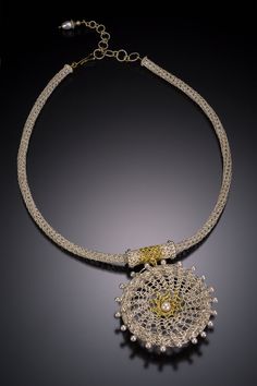 Woven Sundial Medallion Necklace by Cheri Dunnigan (Gold, Silver & Pearl Necklace) | Artful Home Elegant Spiral Filigree Jewelry, Single Pearl, Silver Pearl Necklace, Artful Home, Wire Necklace, Medallion Necklace, Akoya Pearls, Hook Clasp, Gold Wire