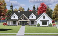 this is an artist's rendering of a house in the woods with trees and shrubs