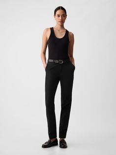 Soft cotton-spandex pants with two-way stretch.  Concealed hook and bar closure.  Zip fly.  Front slant pockets.  Back welt pockets.  Mid rise.  Sleek and straight with a slim fit.  Hits at the ankle.  Model is approx.  5’10” wearing Gap 90s, Black Slim Pants, Size 12 Women, Y2k Pants, Spandex Pants, Navy Blue Pants, Black Office, Wardrobe Capsule, Black Y2k