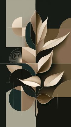 an abstract art piece with leaves and circles on it's sides, in shades of brown