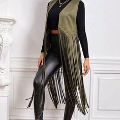 Army Green Fringe Hem Open Front Vest Coat 90% Polyester 10% Elastane Fringe Vest Outfit, Fringed Vest Outfit, Women Leather Vest, Suede Fringe Vest, Red Puffer Vest, Vest Outfit, Fringe Vest, Vest And Tie, Running Vest