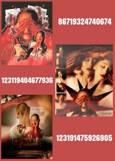 four different movie posters with numbers and symbols on them, all showing the same woman's face