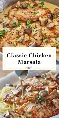 chicken marsala in a pan with mushrooms and parsley