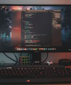 a computer monitor sitting on top of a wooden desk next to a keyboard and mouse