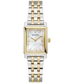 From Bulova&#x2C; this Women's Sutton Quartz Analog Two Tone Stainless Steel Bracelet Watch features:Mother-of-pearl dialApprox. 21mm rectangular caseWater resistant up to 30 metersQuartz analog movementTwo-tone stainless steel five-link braceletDeployant clasp with push buttonsImported. Bulova Watches, Square Faces, Skagen, Toned Body, Two Tone Watch, Women's Watch, White Dial, Stainless Steel Watch, Minerals Crystals