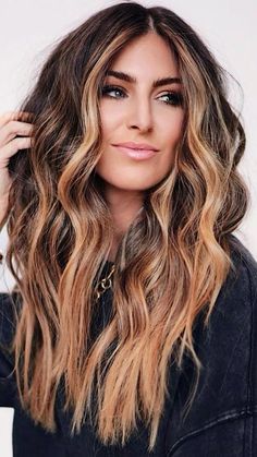 More Blonde Balayage, Blonde Highlights On Copper Brown Hair, Hair With Depth, Dark Brown Bayalage Hair Ombre, Chunky Bayalage For Brown Hair, Warm Brown Hair With Blonde Highlights, Bayalage Medium Length, Ombre Hair Color For Dark Brown Hair, Hair Color Ideas For Medium Length Hair