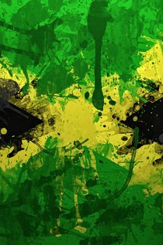 an abstract painting with paint splatters and black objects in green and yellow colors