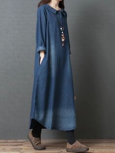 Loose Denim Shirt Maxi Dresses Fall Denim, Maxi Shirt Dress, Denim Shirt Dress, Vintage Style Dresses, Long Shirt Dress, Maxi Dress Blue, Linen Dresses, Shirt Skirt, Types Of Skirts