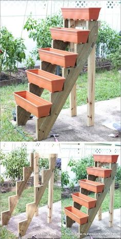 the steps are made out of wood and have planters attached to them