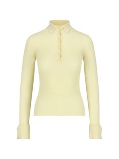 Sa Su Phi ribbed polo shirt in yellow cashmere and silk with classic collar, front buttons, split cuff detail, straight hem. Composition: 70% Cashmere, 30% Silk Spring Workwear Polo Sweater With Ribbed Cuffs, Classic Spring Polo Sweater For Work, Elegant Collared Polo Sweater With Ribbed Cuffs, Classic Spring Workwear Polo Sweater, Elegant Cream Top With Ribbed Cuffs, Elegant Polo Sweater With Button Cuffs For Work, Elegant Collared Polo Sweater, Classic Button-up Tops With Ribbed Cuffs, Fine Knit Polo Sweater For Spring Workwear