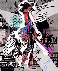 an abstract painting of a woman holding a skateboard