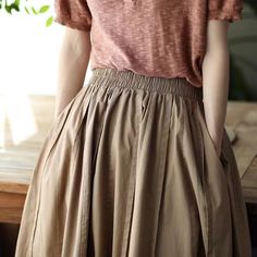 Details: Gender: Women Item Type: Skirt Material: Cotton Season: Spring, Summer, Autumn Pattern: Pleated Style: Casual, Loose, Retro Waist Type: Elastic Waist Size: One Size Waist: 62.00 - 100.00 cm/ 24.41 - 39.37 " Length: 81.00 cm/ 31.89 " Beige Casual Non-stretch Skirt, Casual Beige Flared Skirt, Casual Stretch Full Skirt Bottoms, Non-stretch Brown Cotton Skirt, Casual Beige Skirted Bottoms, Beige Casual Maxi Skirt For Work, Casual Stretch Pleated Skirt, Casual Beige Maxi Skirt For Workwear, Casual Brown Pleated Skirt Bottoms