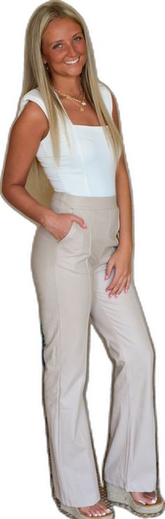 Stretch Leather Pants For Workwear With Straight Leg, Stretch Leather Pants With Straight Leg For Workwear, Brown Flare Work Pants, Beige Flare Bottoms For Workwear, Elegant Straight Leg Leather Pants With Pockets, High Waist Stretch Leather Pants For Office, Fitted Flare Leather Pants For Work, Brown Stretch Leather Pants For Work, Stretch Brown Leather Pants For Work