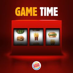 a game time advertisement with burgers and fries on the front, in red background