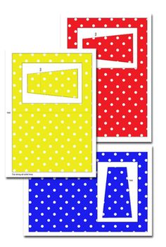 four different colored squares with white dots on the bottom and one in red, yellow, blue