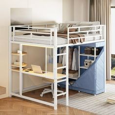 a bunk bed with a desk underneath it in a room that has hardwood floors and white walls