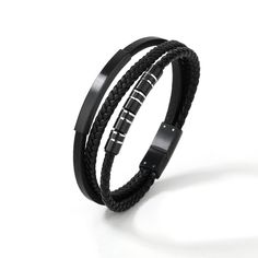 Crafted from high-quality genuine leather and black-plated stainless steel, the Nightfall Leather Bracelet combines rugged durability with sleek style. The bracelet features a braided leather design and striking black-plated stainless steel accents. With an approximate size of 14mm in width and 8.0 inches in length, this bracelet offers a perfect fit and modern elegance. Ideal for everyday wear or special occasions, it adds a touch of urban style to any outfit. * ＤＥＴＡＩＬＳ - Material: High-quality