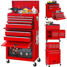 a red tool cabinet with drawers and tools