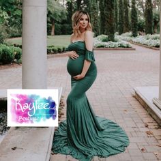 Green Maternity Dress Off The Shoulder Wrap Mermaid Maxi Emerald Green Baby Shower Dress, Maternity Off Shoulder Dress, Fitted Green Maxi Dress For Maternity Wear, Green Flowy Maternity Dress, Spring Fitted Maternity Gown, Fitted Maternity Gown For Spring, Green Fitted Maternity Dress, Green Baby Shower Dress, Green Maternity Dress